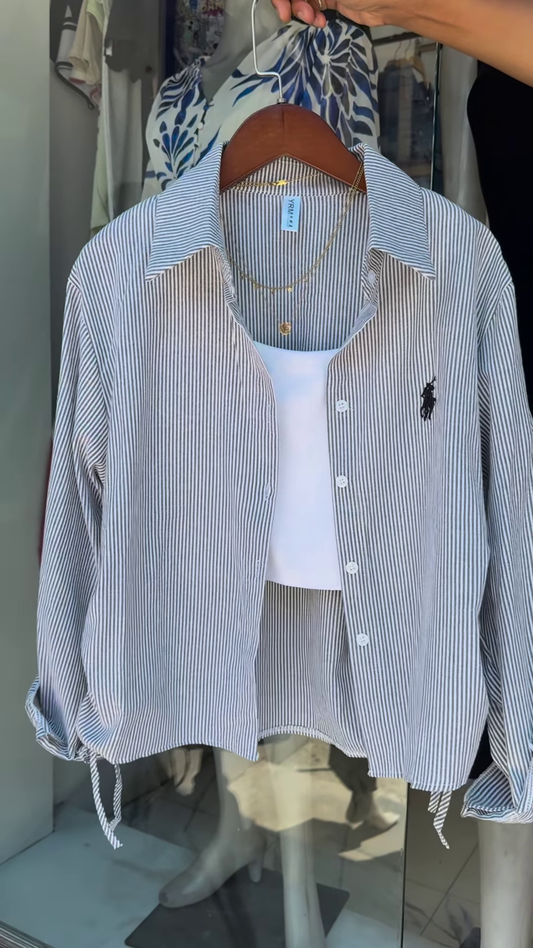 Casual Pink Pinstripe Button-Down Shirt with Ruched Side Detail