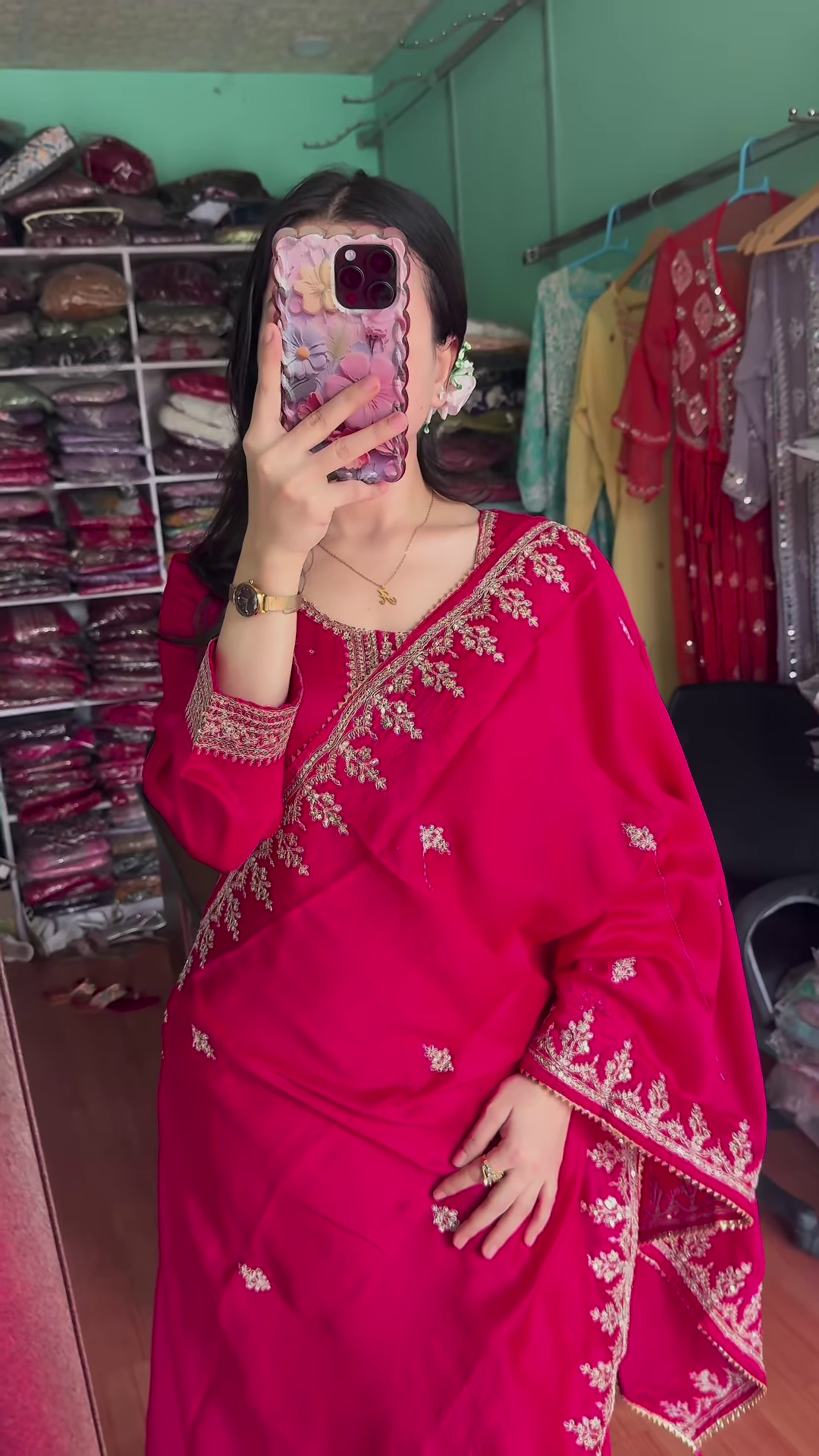Elegant Crimson Silk Embroidered Salwar Kameez - 3-Piece Traditional Ethnic Set