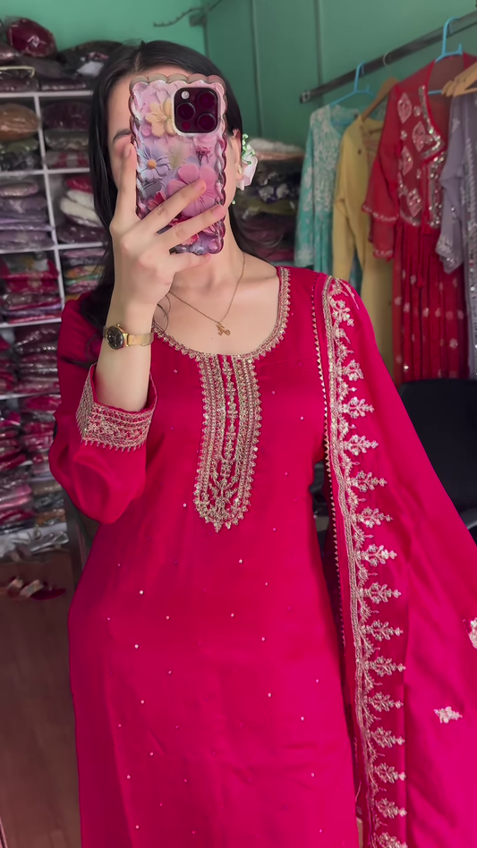 Elegant Crimson Silk Embroidered Salwar Kameez - 3-Piece Traditional Ethnic Set