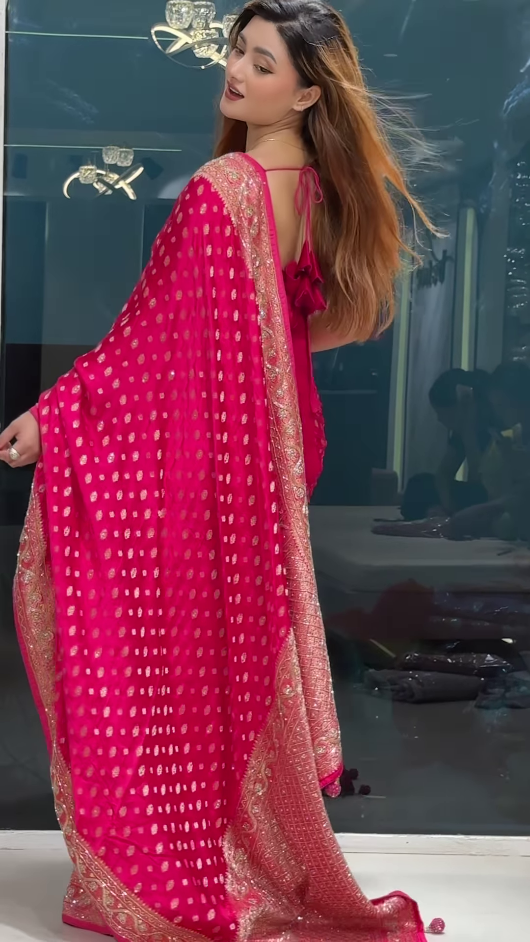 Vibrant Fuchsia Pink Banarasi Silk Saree with Gold Buta and Scalloped Zari Border