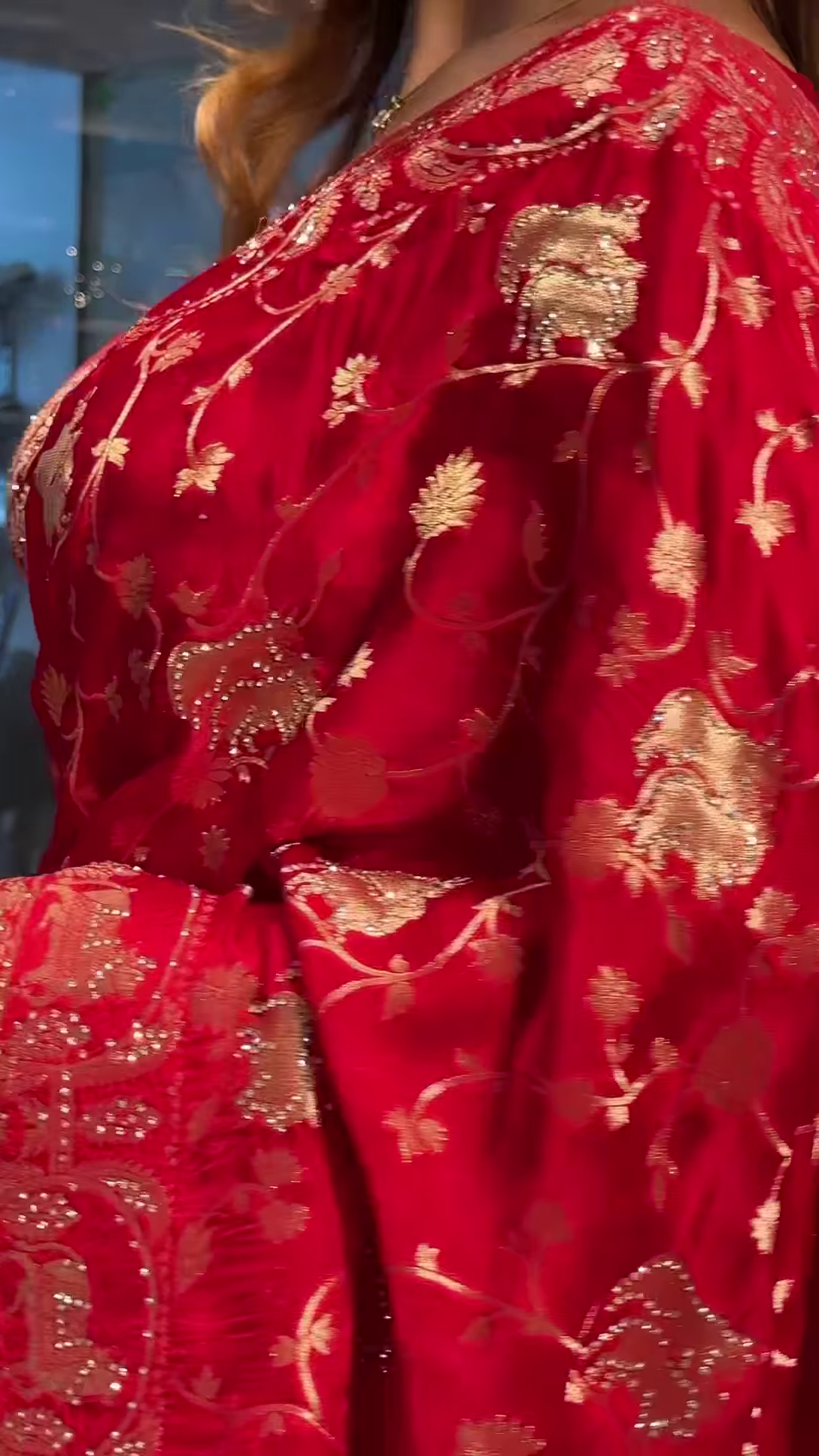 Royal Crimson Silk Saree with Antique Gold Floral Vine Zari Work