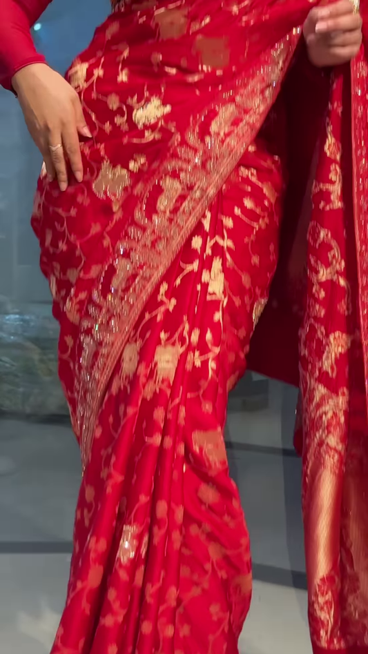 Royal Crimson Silk Saree with Antique Gold Floral Vine Zari Work