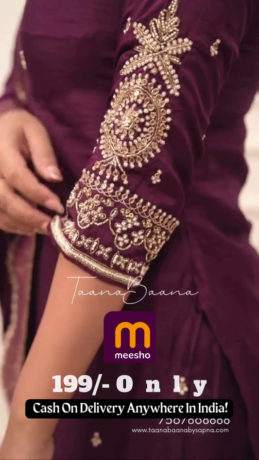 Deep Plum Purple Silk Suit with Gold Zari Border