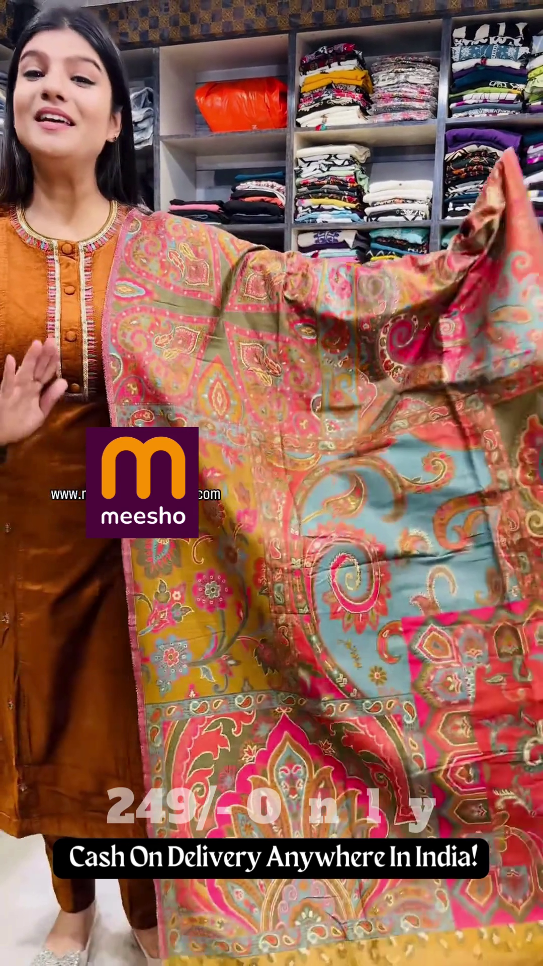Rich Mustard Brown Velvet Suit with Multi-Color Printed Pashmina-Style Dupatta – Traditional Winter Ensemble