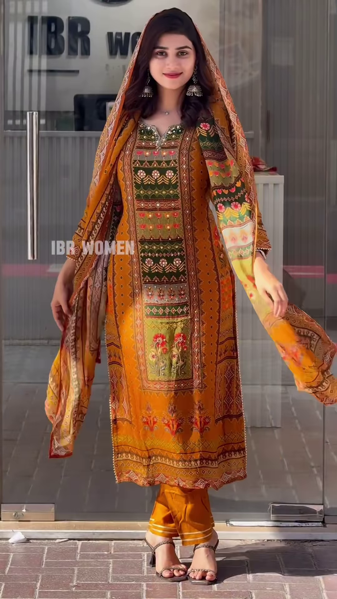 Traditional Mustard Orange Printed Salwar Suit with Kashmiri Floral Yoke and Hand-Placed Mirror Details