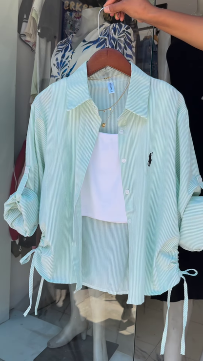 Casual Pink Pinstripe Button-Down Shirt with Ruched Side Detail