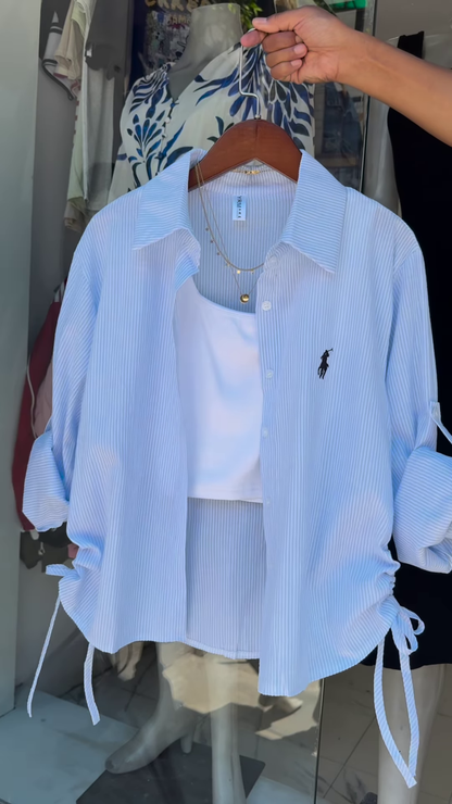 Casual Pink Pinstripe Button-Down Shirt with Ruched Side Detail