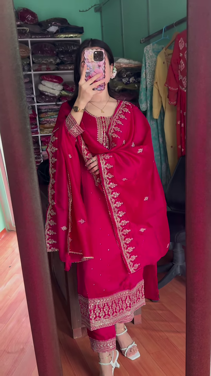 Elegant Crimson Silk Embroidered Salwar Kameez - 3-Piece Traditional Ethnic Set
