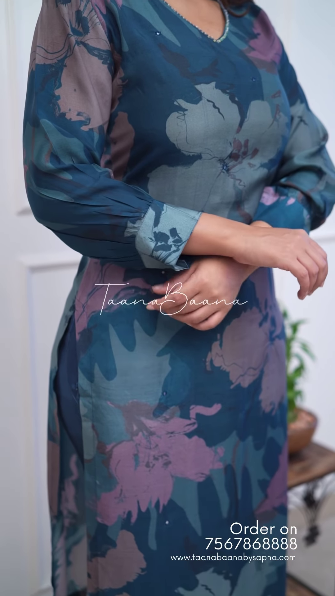 Elegant Teal Floral Silk Maxi Dress with V-Neck Detail & Pockets
