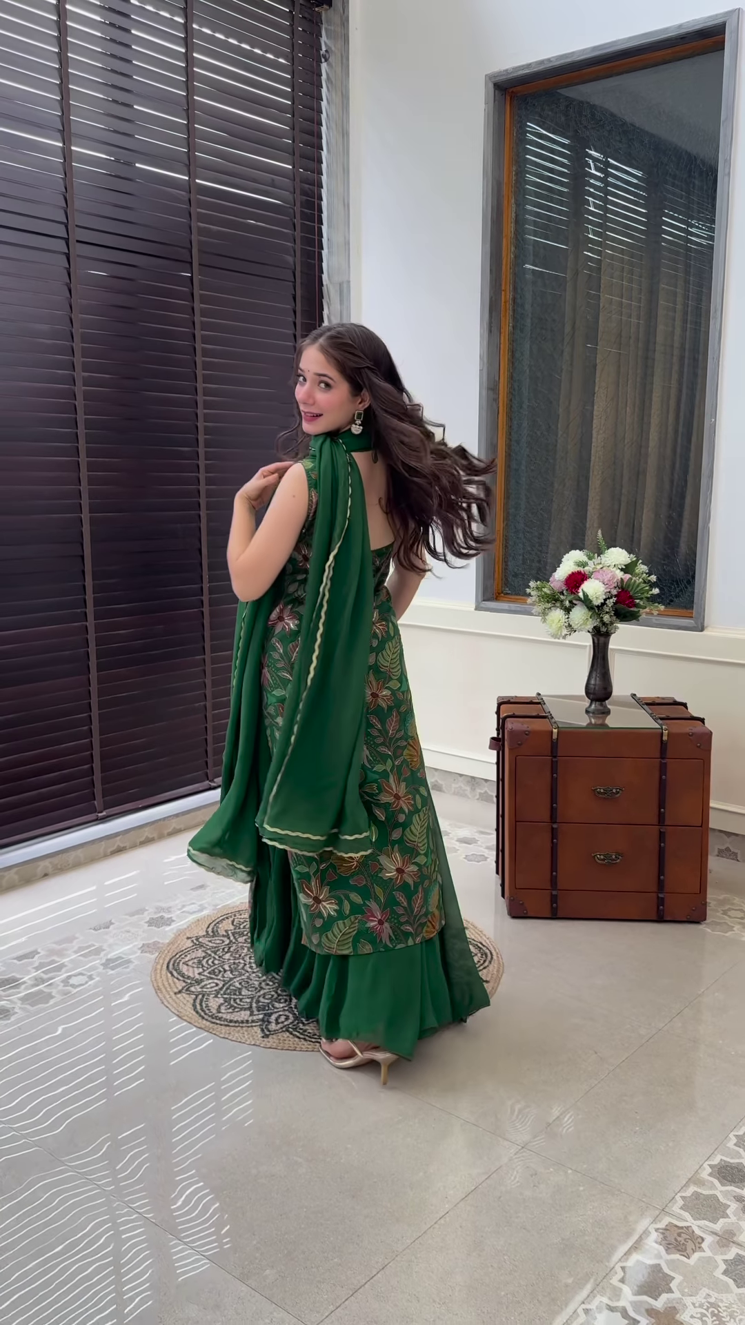 Forest Green Floral Embroidered Sharara Set with Organza Dupatta