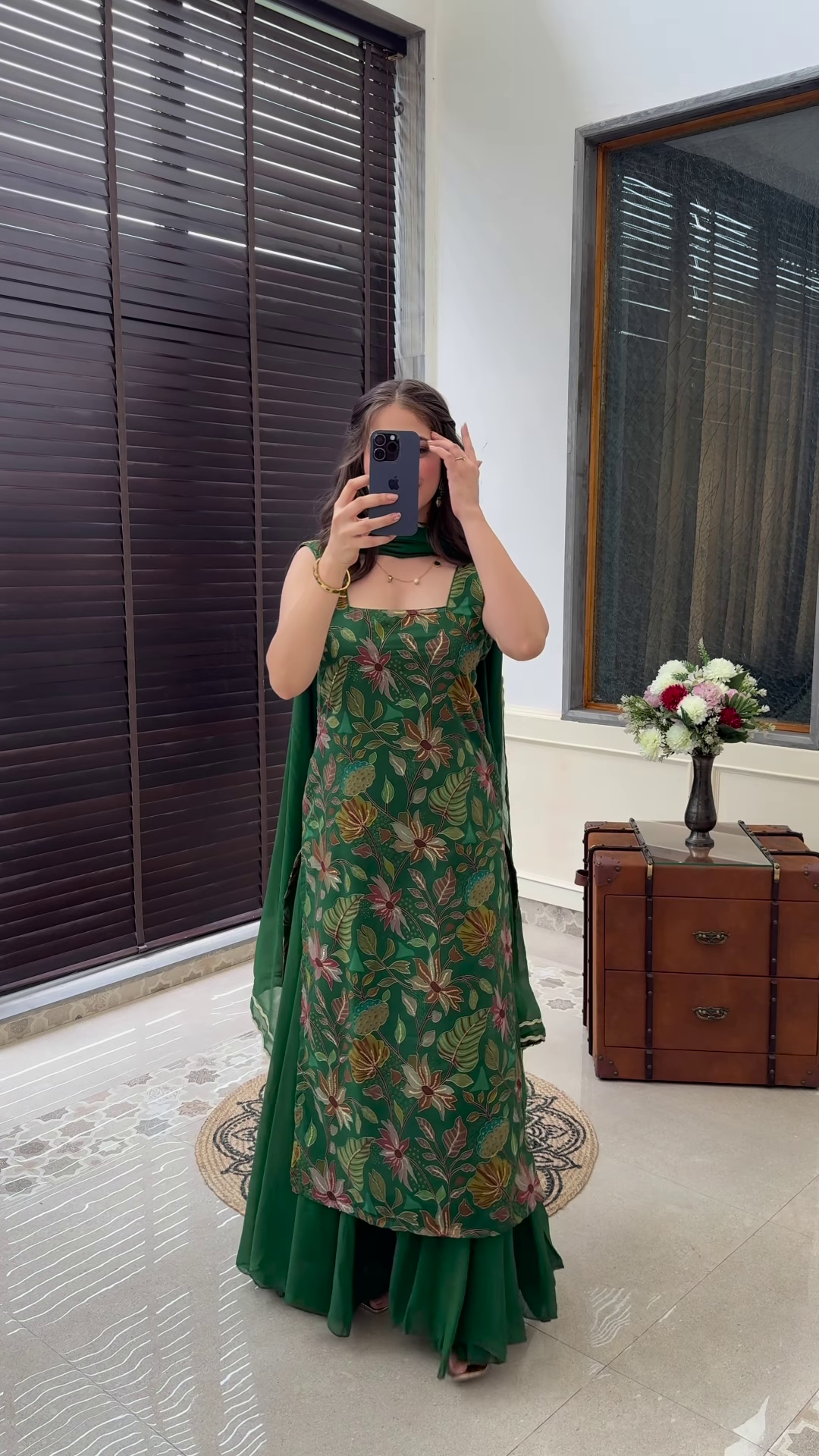 Forest Green Floral Embroidered Sharara Set with Organza Dupatta