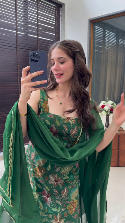 Forest Green Floral Embroidered Sharara Set with Organza Dupatta