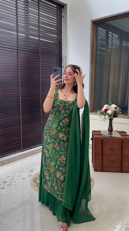 Forest Green Floral Embroidered Sharara Set with Organza Dupatta