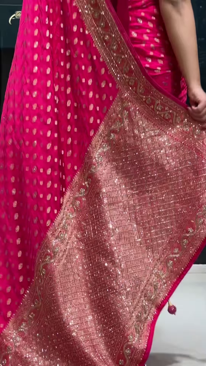 Vibrant Fuchsia Pink Banarasi Silk Saree with Gold Buta and Scalloped Zari Border