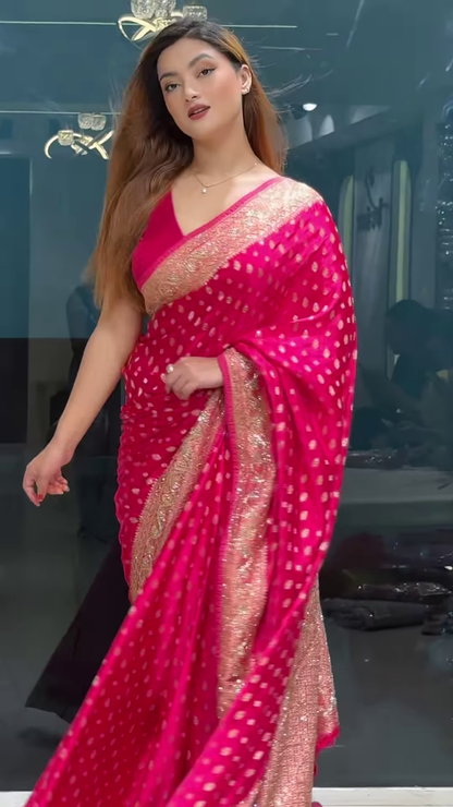 Vibrant Fuchsia Pink Banarasi Silk Saree with Gold Buta and Scalloped Zari Border