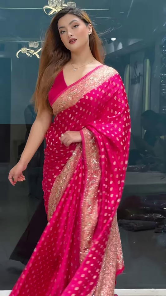 Vibrant Fuchsia Pink Banarasi Silk Saree with Gold Buta and Scalloped Zari Border