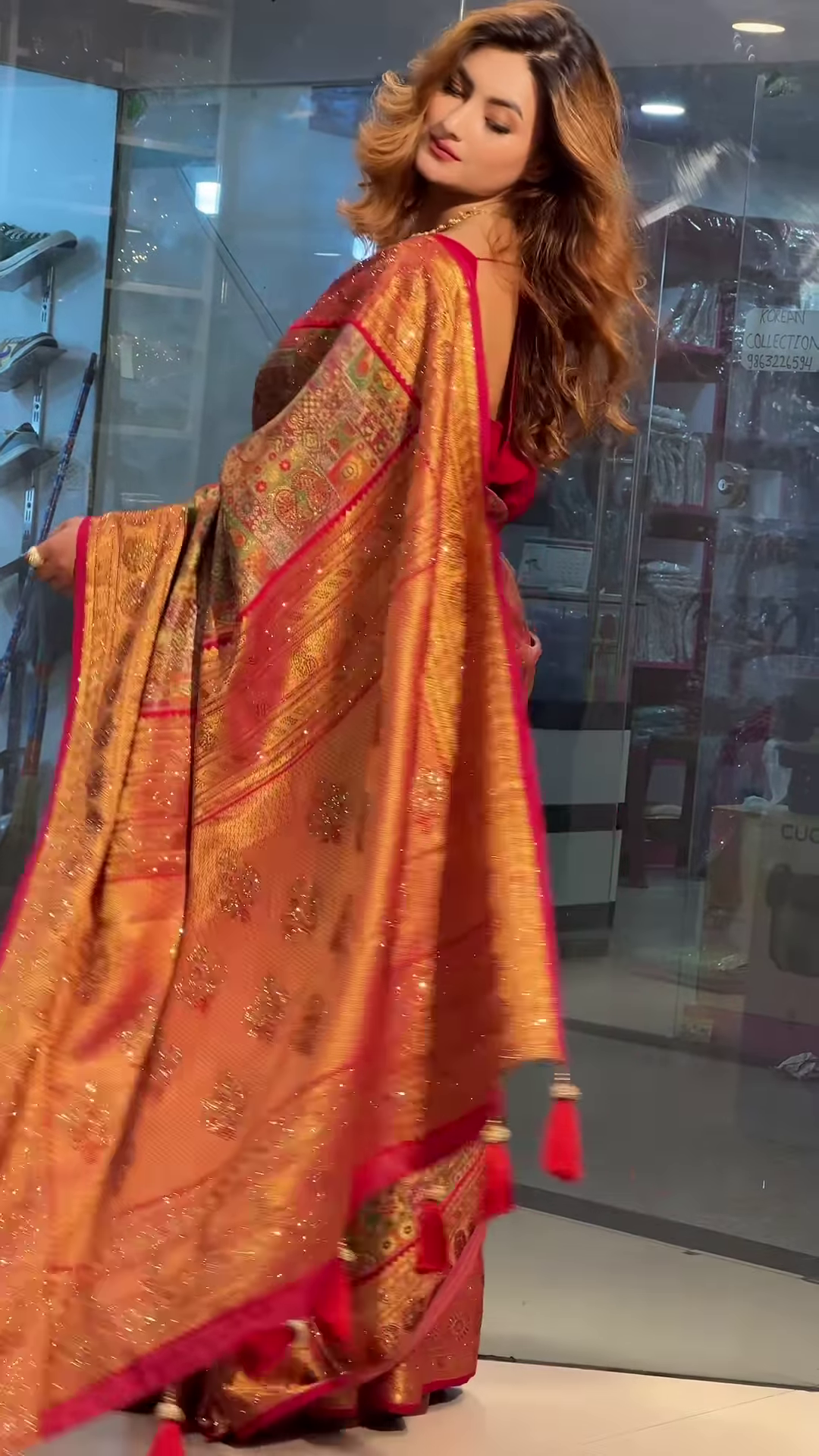 Vibrant Crimson Red Multi-Patterned Saree with Intricate Gold Zari and Geometric Motifs