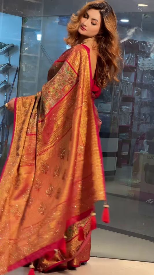 Vibrant Crimson Red Multi-Patterned Saree with Intricate Gold Zari and Geometric Motifs