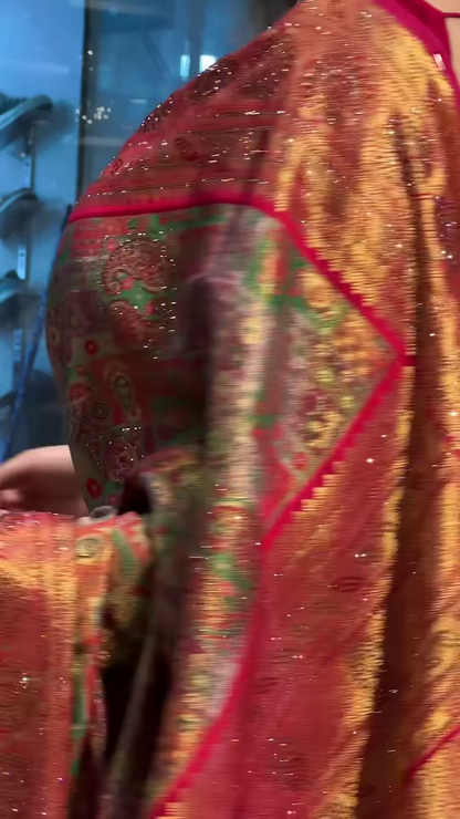 Vibrant Crimson Red Multi-Patterned Saree with Intricate Gold Zari and Geometric Motifs