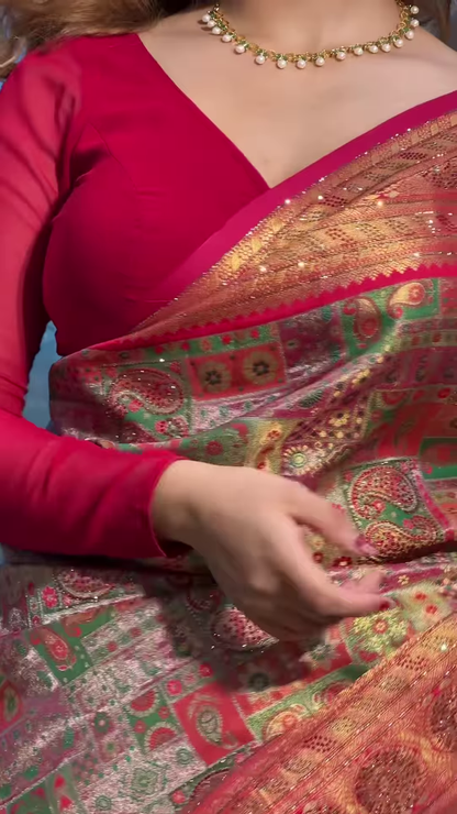 Vibrant Crimson Red Multi-Patterned Saree with Intricate Gold Zari and Geometric Motifs