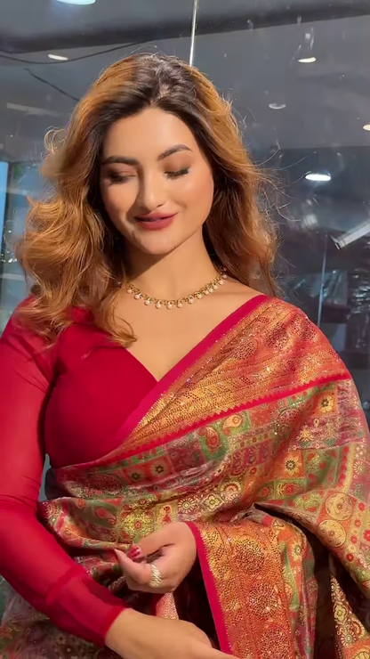 Vibrant Crimson Red Multi-Patterned Saree with Intricate Gold Zari and Geometric Motifs