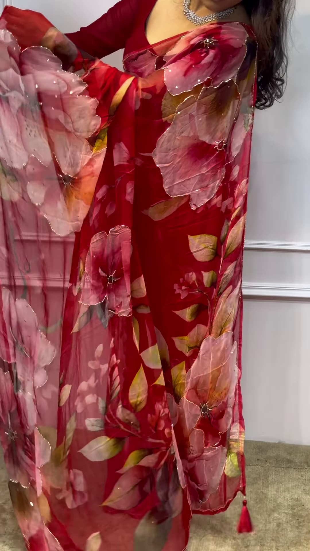Romantic Ruby Red Floral Chiffon Saree with Gold Sequin Borders