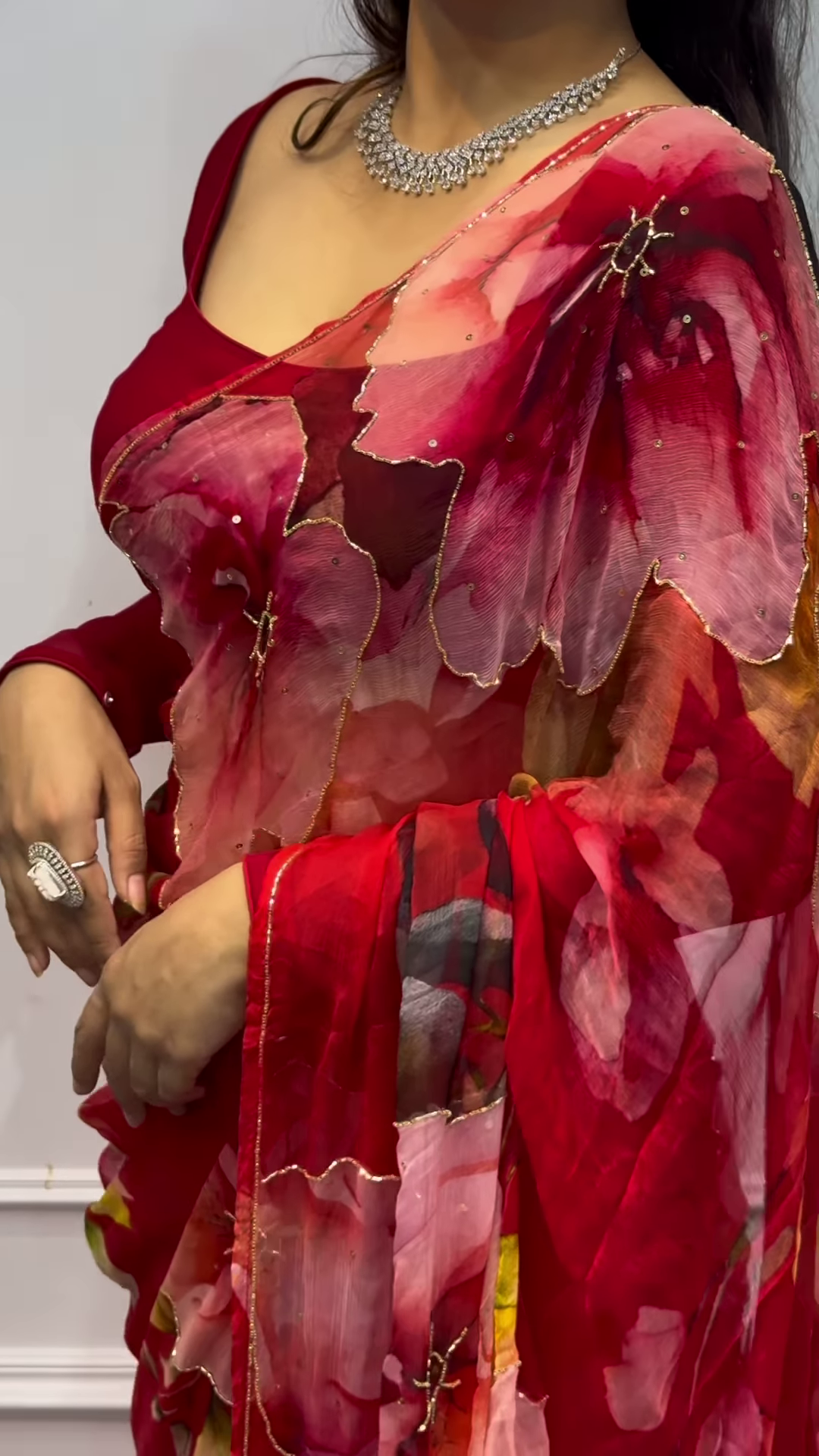 Romantic Ruby Red Floral Chiffon Saree with Gold Sequin Borders