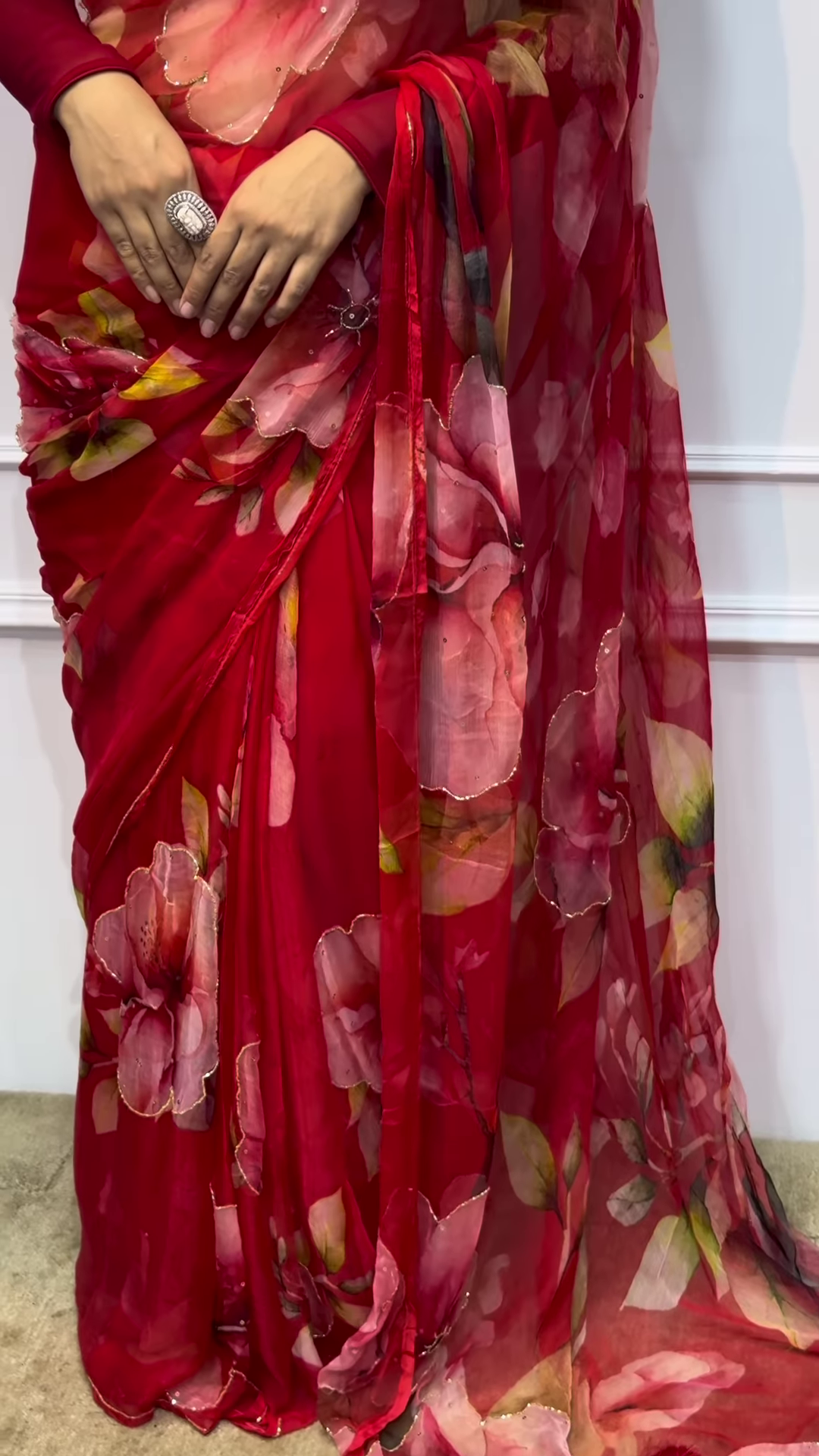 Romantic Ruby Red Floral Chiffon Saree with Gold Sequin Borders