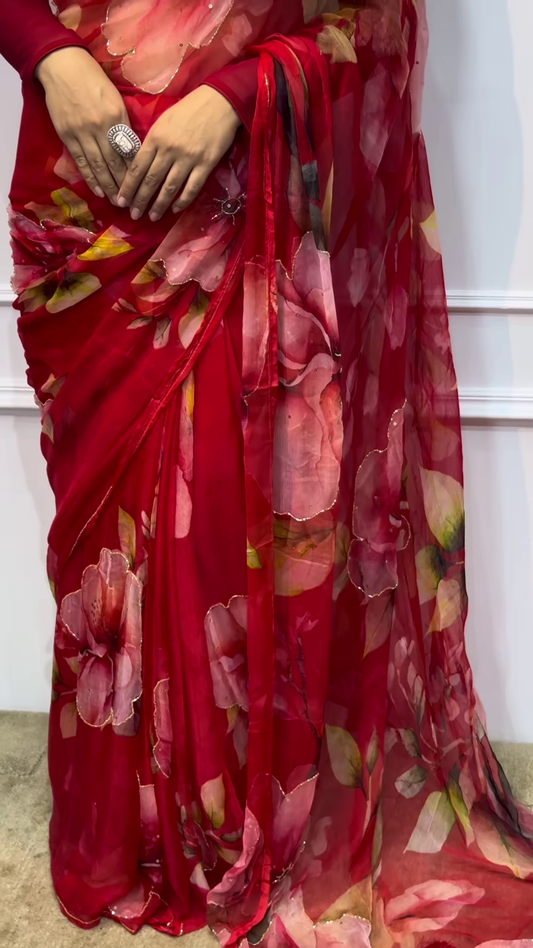 Romantic Ruby Red Floral Chiffon Saree with Gold Sequin Borders