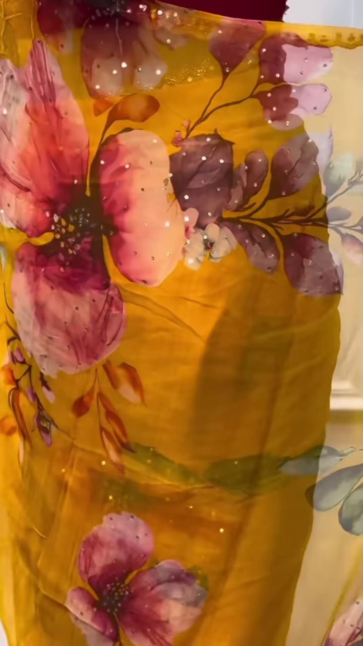 Mustard Gold Floral Chiffon Saree with Hand-Embellished Scalloped Borders