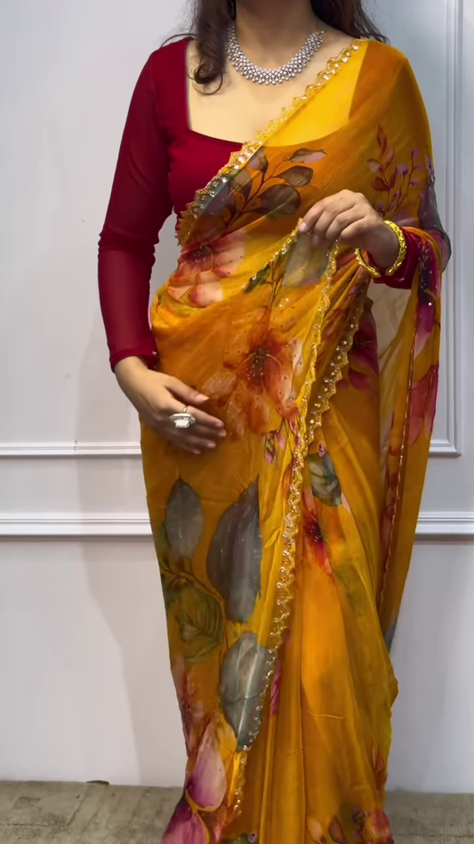 Mustard Gold Floral Chiffon Saree with Hand-Embellished Scalloped Borders