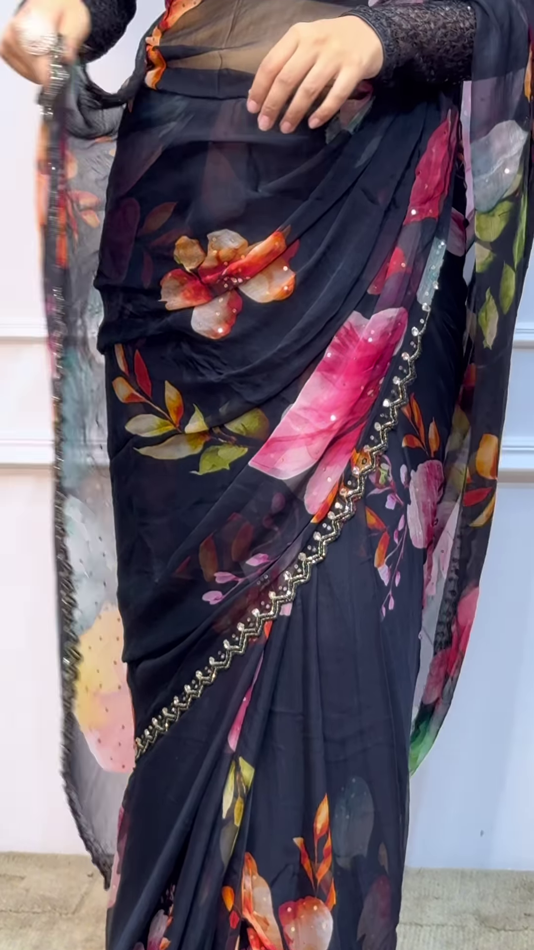 1. Midnight Garden Floral Organza Saree with Sequin Border
