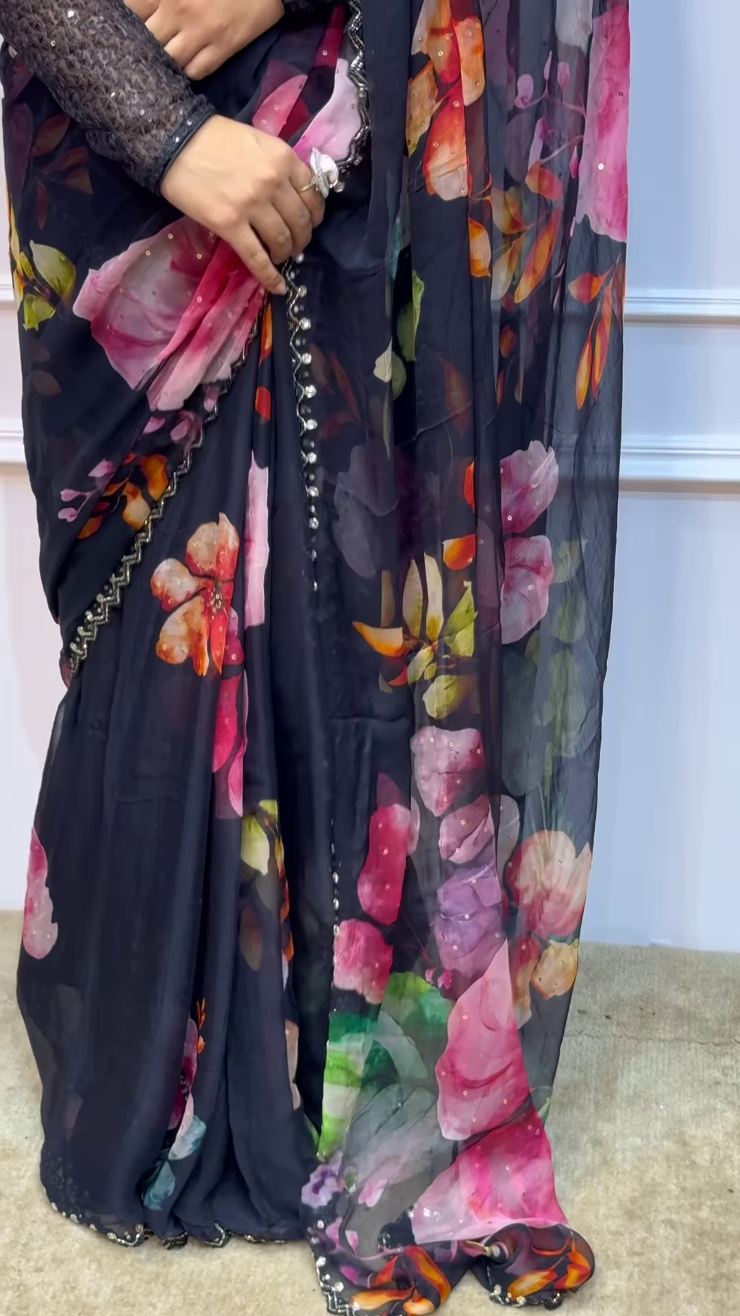 1. Midnight Garden Floral Organza Saree with Sequin Border