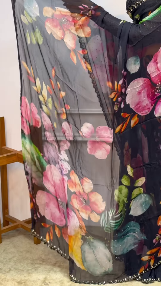 1. Midnight Garden Floral Organza Saree with Sequin Border