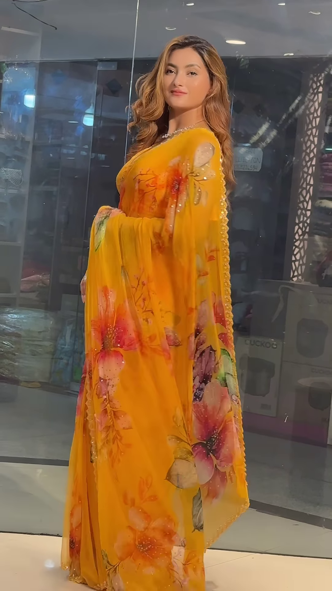 Crimson Floral Dream: Hand-Painted Chiffon Saree with Sequin Border