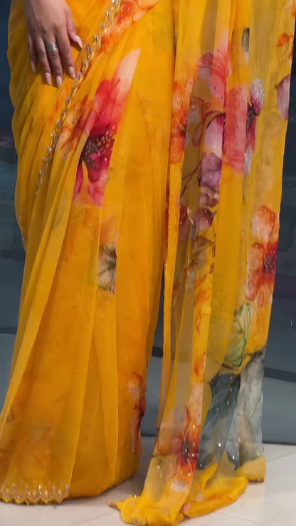 Crimson Floral Dream: Hand-Painted Chiffon Saree with Sequin Border