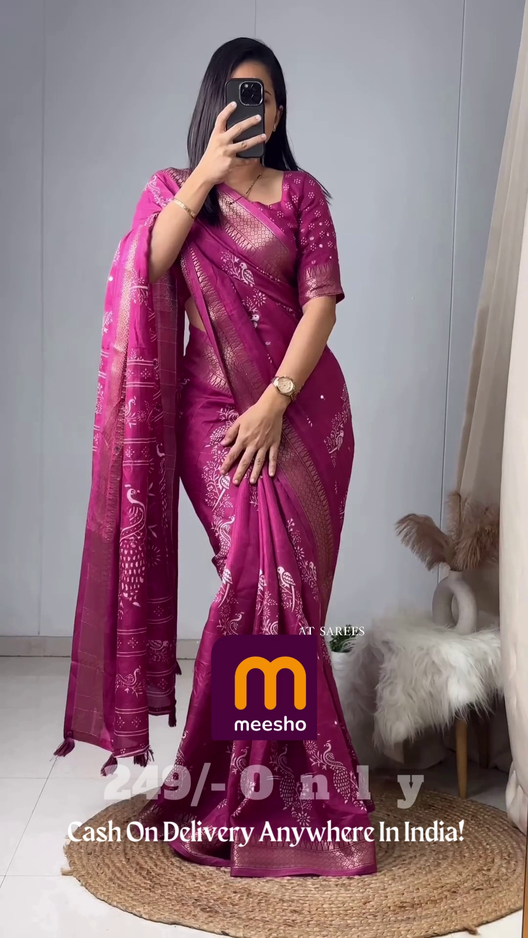 Elegant Mustard Gold Floral Chiffon Saree with Hand-Embellished Scalloped Borders