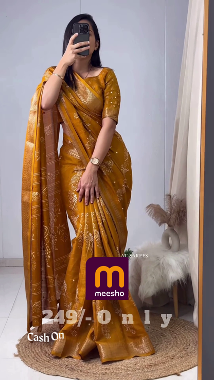 Elegant Mustard Gold Floral Chiffon Saree with Hand-Embellished Scalloped Borders