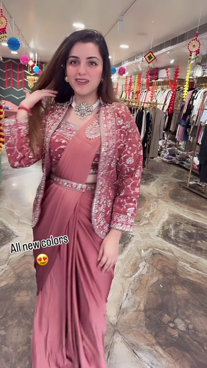Modern Mauve Pre-Draped Saree Set with Intricately Embroidered Jacket and Coordinating Belt