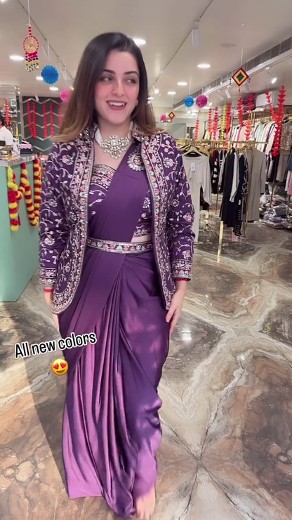Modern Mauve Pre-Draped Saree Set with Intricately Embroidered Jacket and Coordinating Belt