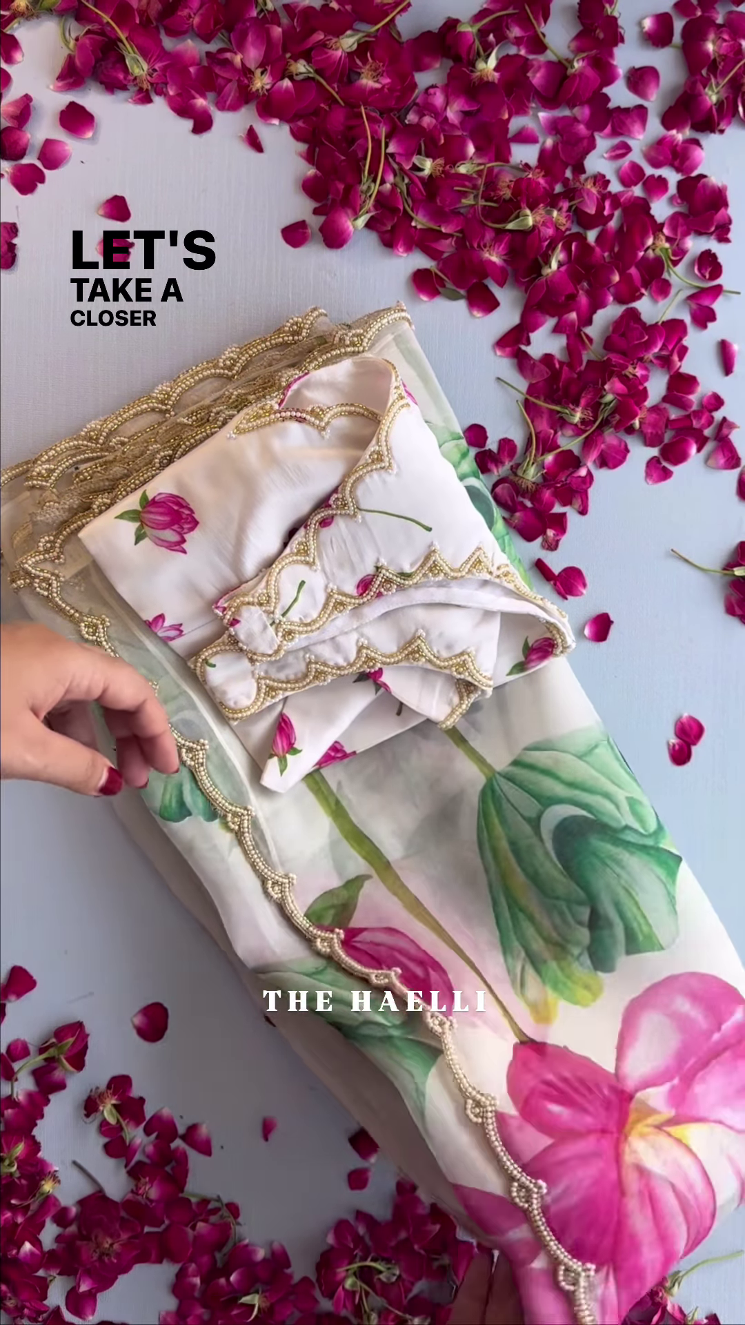 White Organza Saree with Pink Lotus Print