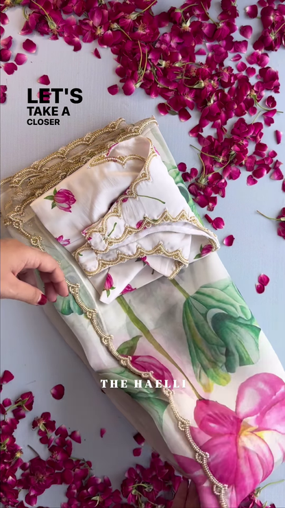 White Organza Saree with Pink Lotus Print