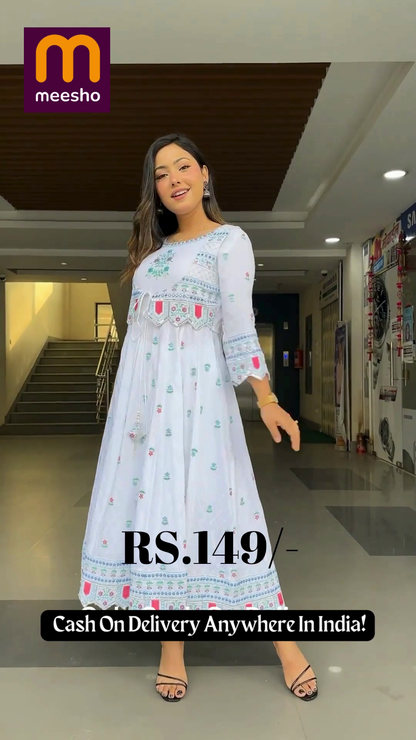 White Anarkali Kurta with Embroidered Mirror-Work Jacket