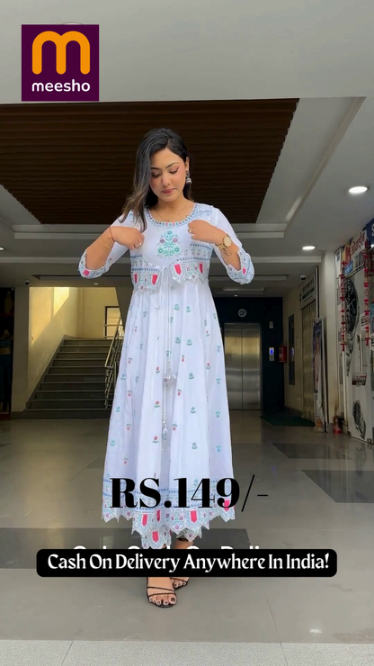White Anarkali Kurta with Embroidered Mirror-Work Jacket