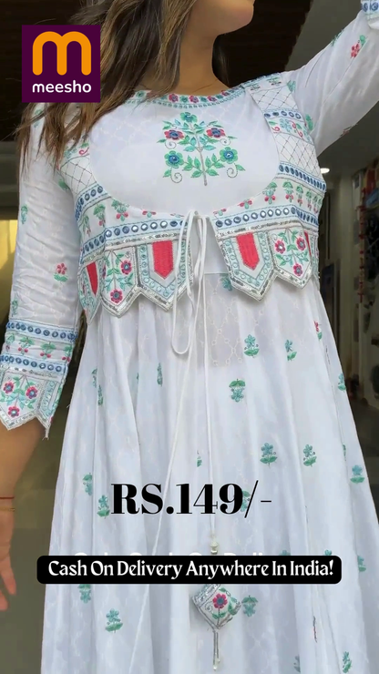 White Anarkali Kurta with Embroidered Mirror-Work Jacket