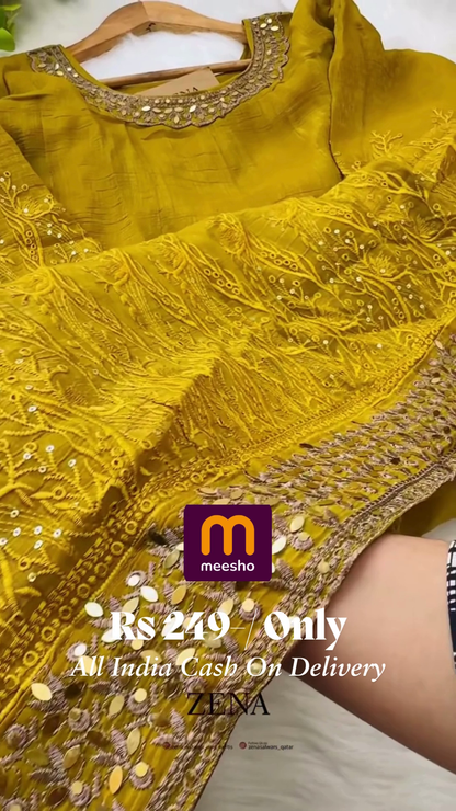 Mustard Yellow Anarkali Gown with Zari and Mirror Work