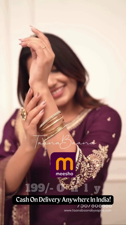 Deep Plum Purple Silk Suit with Gold Zari Border