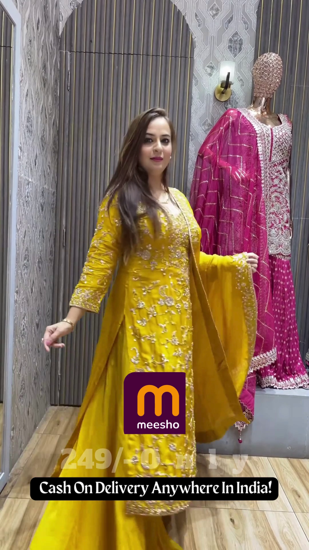 Bright Yellow Anarkali Gown with All-Over Sequin Work