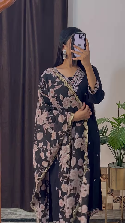 Mustard Yellow Silk Kurta with Ethnic Floral Embroidery and Pink Dupatta - Vibrant Festive Suit Set