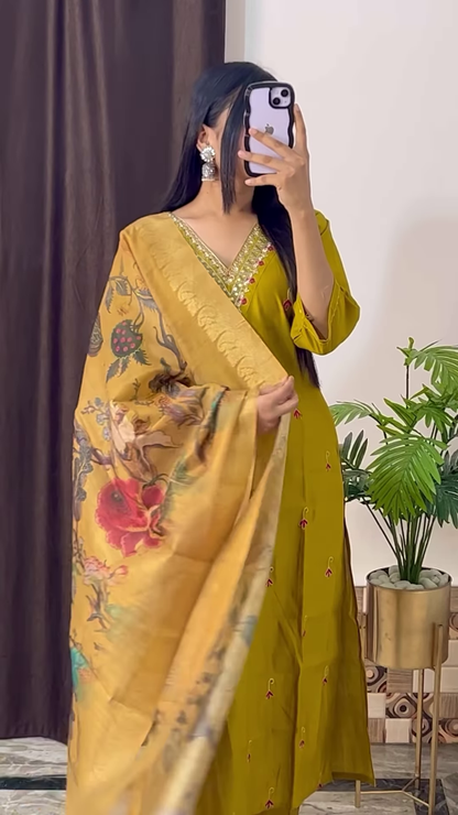 Mustard Yellow Silk Kurta with Ethnic Floral Embroidery and Pink Dupatta - Vibrant Festive Suit Set
